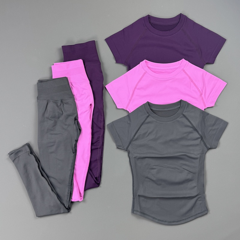 Pilates Yoga Leggings - 2-teiliges Fitness-Set für Damen, Raglan-Kurzarm-Sportoberteil, nahtlose